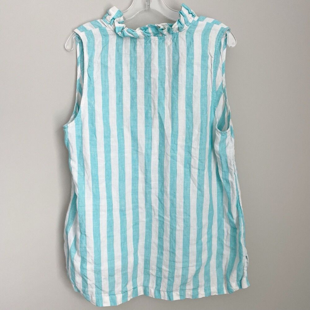 Crown & Ivy Size 1X Blue White Striped 100% Linen Sleeveless Ruffle Collar Shirt - Picture 5 of 6